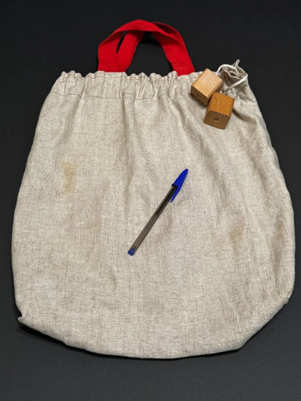 Double Handle Pouch Bag with Wood Block Aglet Drawcord, Natural Canvas